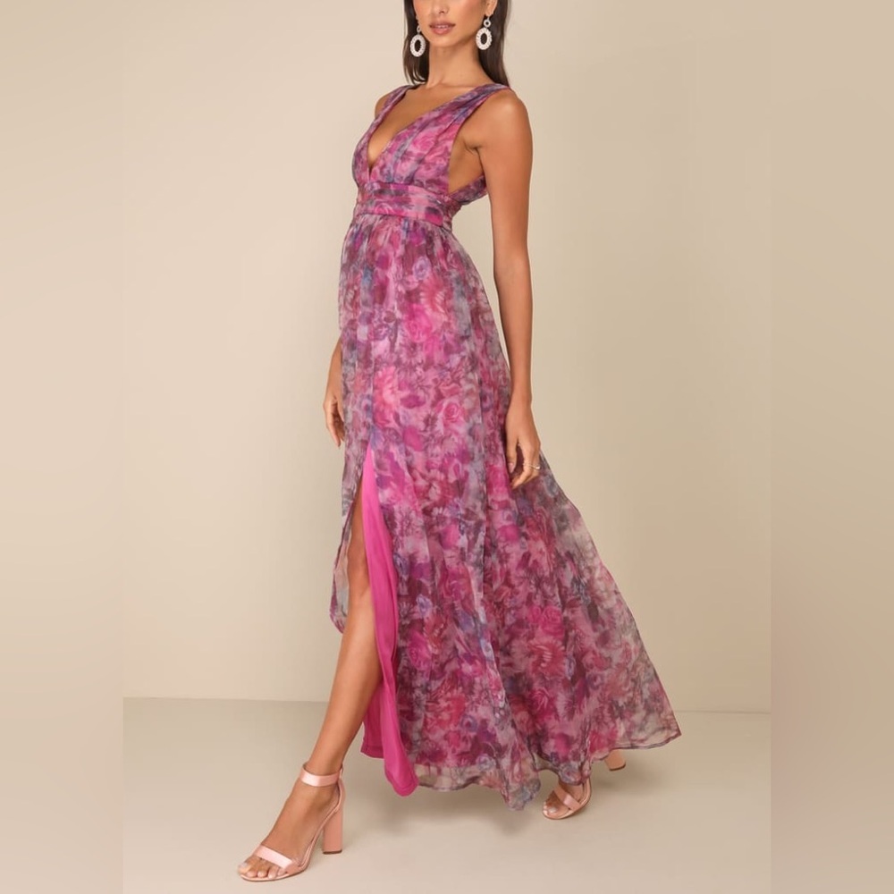 Lulus Garden Romance Magenta Floral Print Organza Maxi Dress Sizes